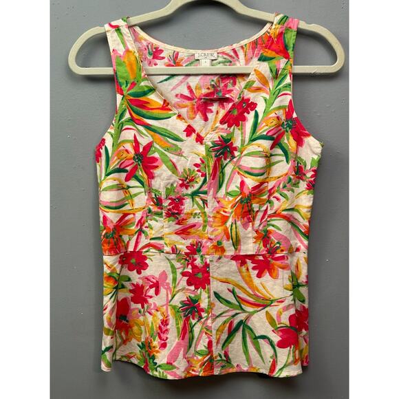 J Crew Linen Floral Sleeveless Tank‎ Top Womens 2 Tropical Side Zip Preppy - Picture 2 of 8